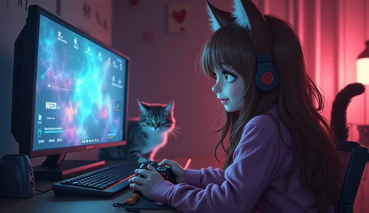 A girl with brown long hair brown eyes sits with cat ears and tail holding a gamepad in her hand and smiles looking at the monitor next to her cat sitting in the background on the wall The game will start soon in cyberpunk style 