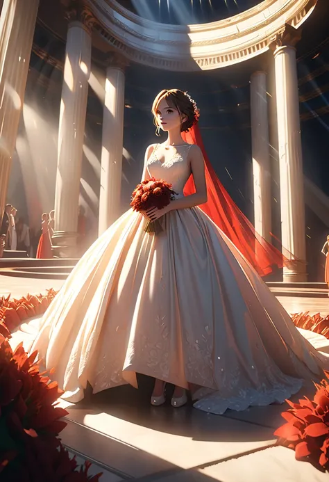 red agate color wedding dress, movie scene  , Warped Space , lens flare, Pillar of Light,  complicated details,  very detailed, Volumetric Lighting, 4K Rendering, Stock photo,  women are super real ,  Realistic Textures  ,  Dramatic Lighting,  Unreal Engin...