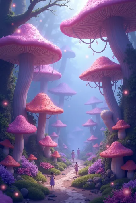 Create a surreal picture fantasy world Dreamcore mushrooms purple