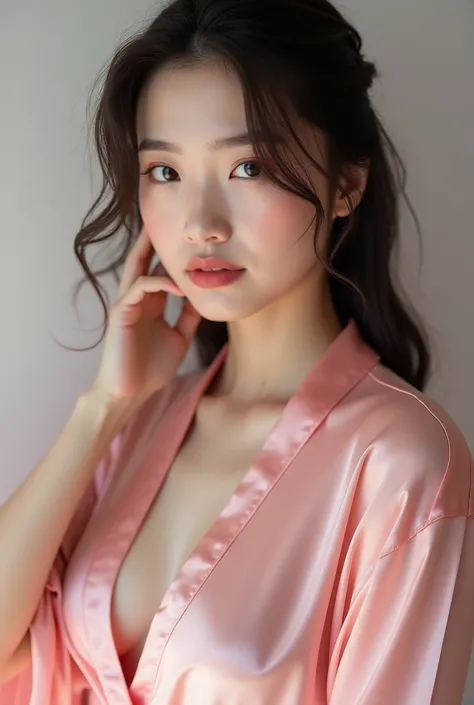 Abstract, 1 girl, Alone, Age 19, PERFECT FACE IN DETAILS, Close view, sexy, seduce at viewer,  Pink Thin Robe, portrait photo, beautiful eyes, Not Skinny, Asian