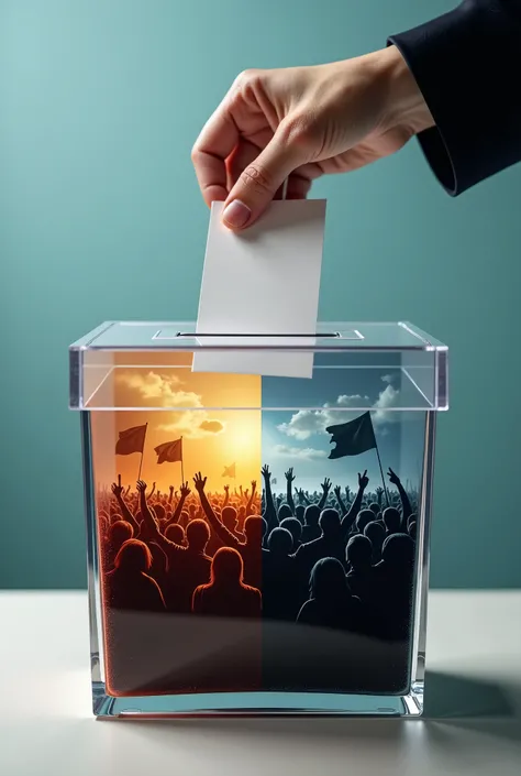 A close-up of a transparent ballot box in Germany. A hand drops a ballot inside. Inside the ballot box, two scenes are visible: one side shows a hopeful, diverse society, while the other side shows a dark assembly with far-right symbols. The image symboliz...