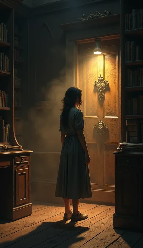 "A dimly lit study filled with the scent of old paper and aged wood. Aisha, a young woman with an air of curiosity, stands before a hidden wooden door that has been revealed after pushing aside a towering bookshelf. The door is coated in a thick layer of d...