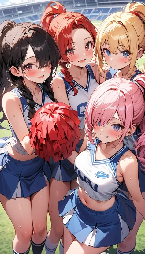 (Four beautiful girls : 1.3), girls ,( cheerleader, with pompoms, skirt by humili,sweat,pubic hair), blonde, black hair, Hair, Silver Hair, red hair ,Blue Hair, green hair,Pink hair,Purple Hair, ponytail, bob cut, twin tails on legs, long hair, short hair,...