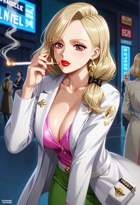 (masterpiece)), ((best quality)), (super detailed), her hair is a blonde wavy bob, her breasts are medium sized, her lips are bright red, (she is smoking a brown filter cigarette), she is smoking a cigarette deliciously, (cigarette in mouth), (exhaling smo...