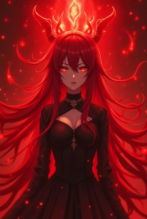 Beautiful Anime girl goddess on a red background with red rays with an evil face looks down