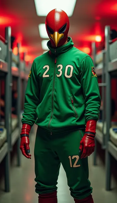 A skilled and agile warrior stands in the Squid Game dormitory, wearing the green tracksuit of a contestant. The number '230' is printed clearly on both his chest and back. However, his head remains that of Hurricane Red, the falcon ninja, featuring his sl...