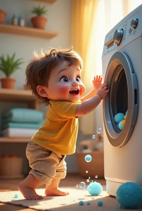 a toddler washing clothes in washing machine 
