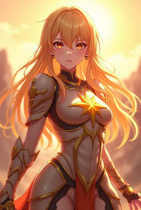 "4K anime style quality, digital drawing mode, dawn-themed anime female character, golden blonde hair with pink highlights, radiant amber eyes, wearing armor adorned with sunrise patterns and light, wielding a morning star, Blur the background to create a ...