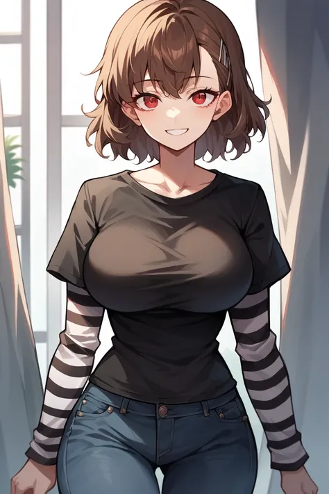 1 girl, solo, black short sleeve t-shirt, layered sleeves, white long sleeves, jeans, Kotone Shiomi, brown hair, red eyes, black t-shirt over white long sleeves, large breasts, confident smile, striped sleeves, black short sleeve over long sleeve,