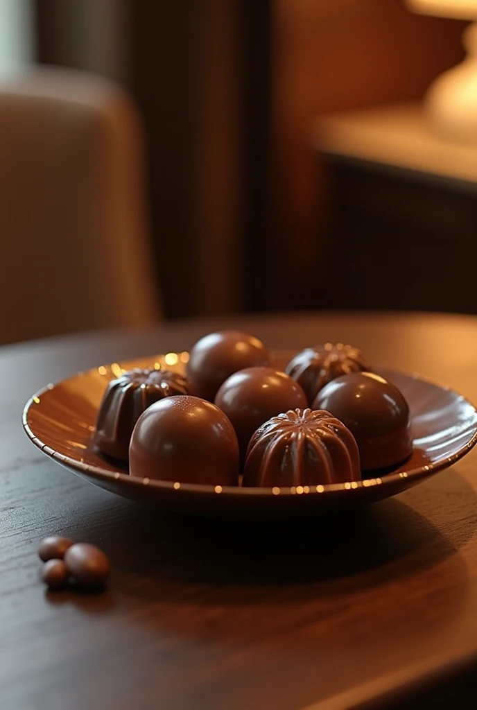 chocolates in a deep plate are on the table