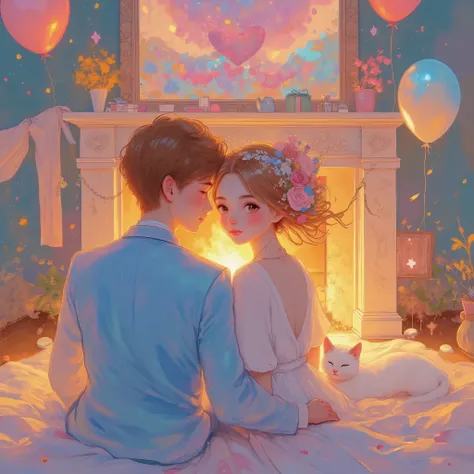 ultra detailed, absolutely resolution, masterpiece.
couples sitting shoulder to shoulder in front of a fireplace (the man's face is not visible, the woman turns around and winks with a cute smile), balloons with "Happy Valentine's Day" written on them, a ...