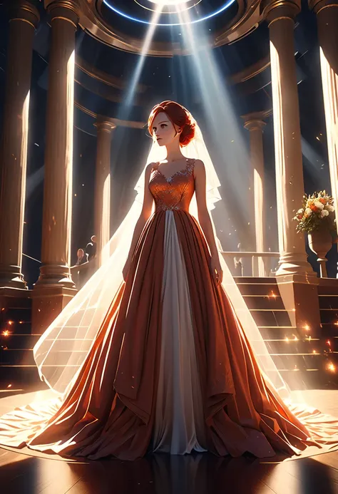 red agate color wedding dress, movie scene  , Warped Space , lens flare, Pillar of Light,  complicated details,  very detailed, Volumetric Lighting, 4K Rendering, Stock photo,  women are super real ,  Realistic Textures  ,  Dramatic Lighting,  Unreal Engin...