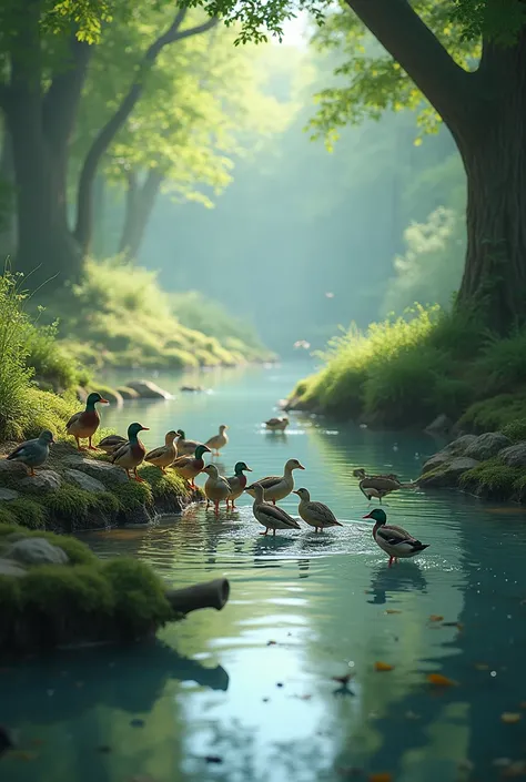 Birds are feeding on water in a stream in the forest
