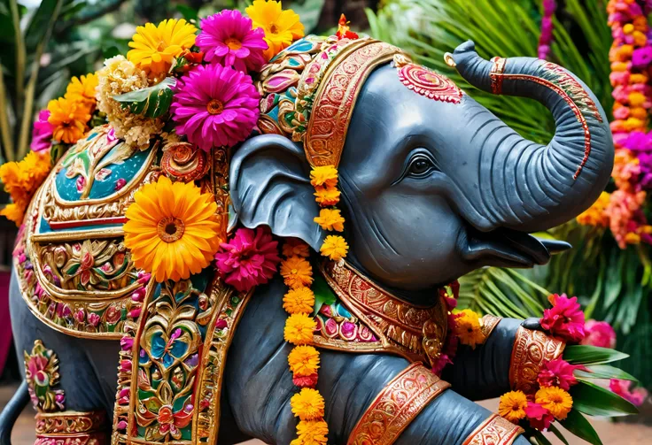  in a close-up of an elephant statue、Decorated with flowers, Paintings by Jitish Kallat,  Instagram ,  samikshavings , Ganapati , , a, Hindu god, Indian God,  Vinayaka , Hindu gods, Hindu, Hindu art, Hinduism, Parrot, Debice Farr , Hindu aesthetic, Paisley...