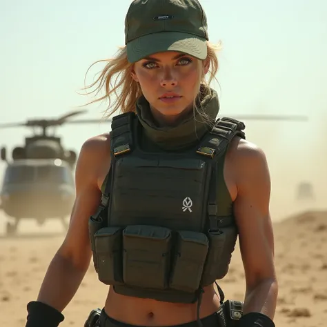 A fierce, battle-hardened female soldier in tactical combat armor, standing in a dynamic fighting stance. Her piercing green eyes show unwavering focus. She wears a black combat vest with green accents, fingerless gloves, and a military cap. Her toned phys...