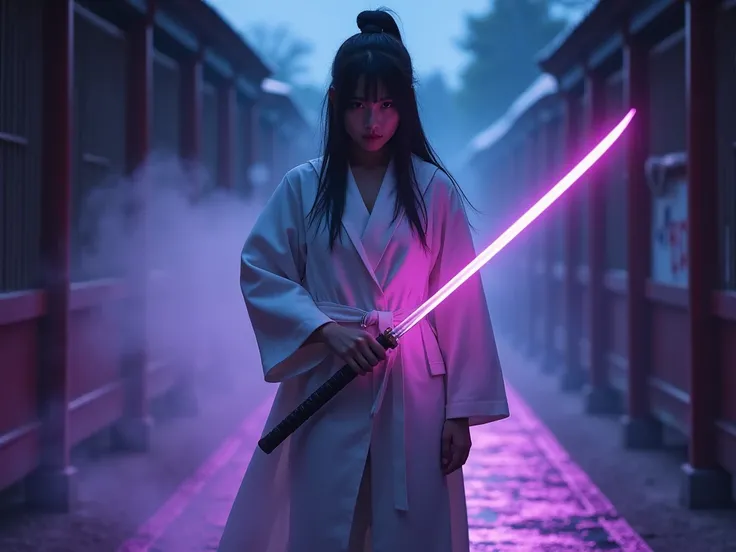 A Japanese, girl, long white trench coat , she is holding a katana of  purple lighting,  she is on the  Japanese sharine, she is guardian, background Evening, dark light, scary, Smoke effect, she facing, directly, to the camera, Detailed,  Detailed , full ...