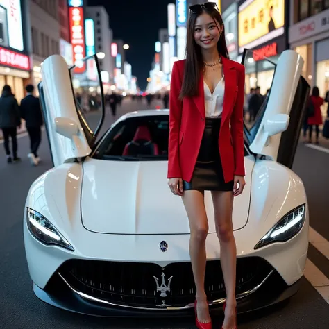 A photograph of a young, ambitious Japanese female CEO proudly standing beside her newly purchased white Maserati MC20 on the main street of Ginza, Tokyo, confidently showcasing it to the surrounding people. She has sleek, long straight hair with sunglasse...