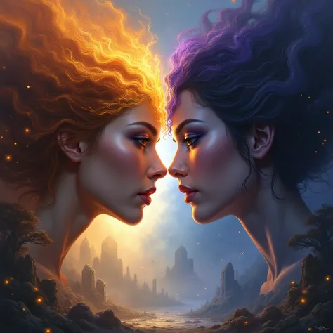 A stunning fantasy composition where two rival women’s faces blend into one in a painterly, surreal effect. Nowa’s side is painted in warm golden hues, her face framed by swirling phoenix flames, her intense gaze locked in fierce determination. Maya’s side...