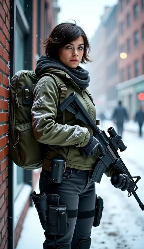 realistic,  full body throw ,  photograph , Jogo The Division de Tom Clancy, military woman,  dark brown short hair,  military mercenary costume in camouflage city colors ,  consisting of black denim combat pants and camouflage t-shirt and winter jacket an...