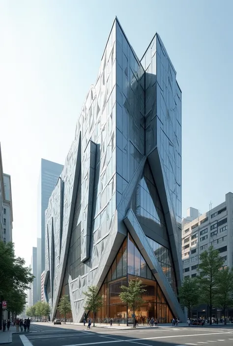  high-tech office buildings， has an angular façade、The shape of a long beveled assembly， folding metal plate 、Glass、Innovative materials use ， focuses on energy efficiency ，Morphosis style 