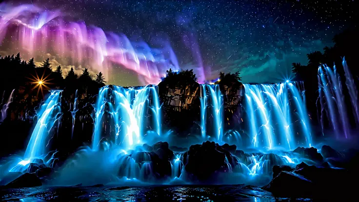A masterpiece in 32K resolution , Top Quality , very well detailed , realistic expression, high-resolution 32K wallpaper , shot with a fisheye lens , Multi-tiered waterfall flow , Niagara Falls , spectacular scale , It's a very high wa...