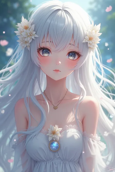 Anime girl, White long curly hairy