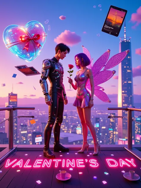 In a cyberpunk style, with high - contrast colors and strong light and shadow. The interweaving of metallic textures and neon lights. On the rooftop helipad of a future city, a couple is wearing high - tech couple outfits decorated with fluorescent lines. ...