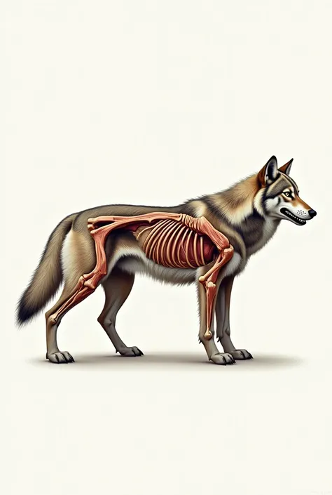 The anatomy of a wolf, showing his muscles and some of the bones in his face and legs. side wolf.