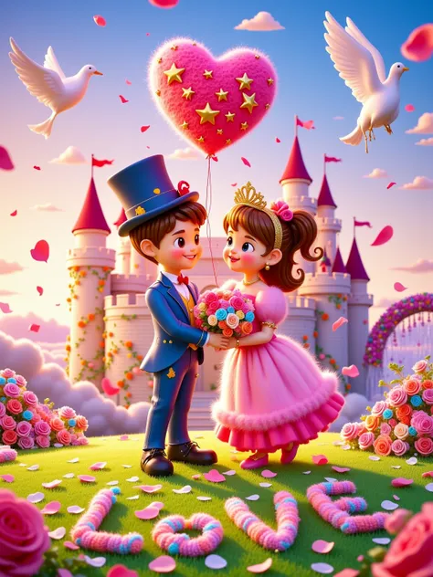 In a dreamy fairy - tale style, with soft colors and rounded lines. It has the texture of a Disney animation, filled with an innocent atmosphere. In front of a candy - colored castle, a cute cartoon couple is standing on the grass covered with colorful flo...