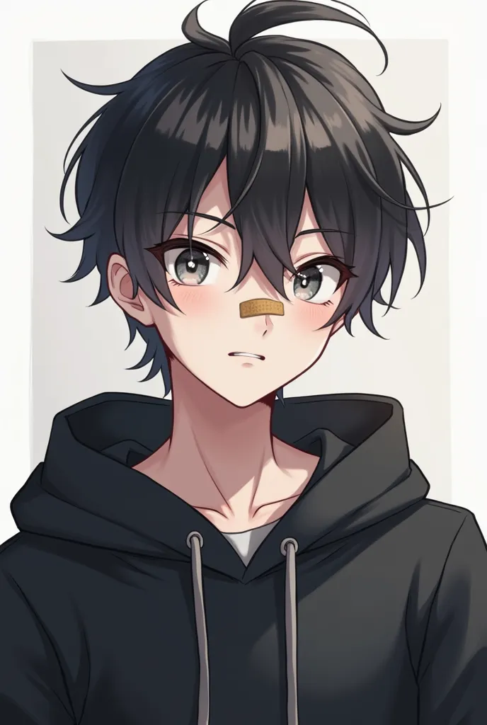 Charming young boy , Gray eyes  , Wearing a black sweatshirt ,  wolf cut hairstyle , I have a band-aid on my nose , Handsome youth style , 2D Character , mature , It has the feel of a double arch , Gojo Satoru feeling ,  white skin  