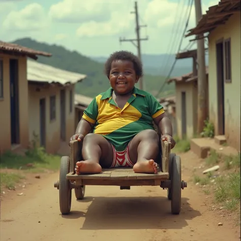 A black , chubby and with a happy expression, walking down a hill in a favela in Brazil, Rio de Janeiro, in the 1980s, sitting in a wooden cart with metal wheels. The  wears a vintage Brazilian shirt in green and yellow and sports shorts typical of the 80s...