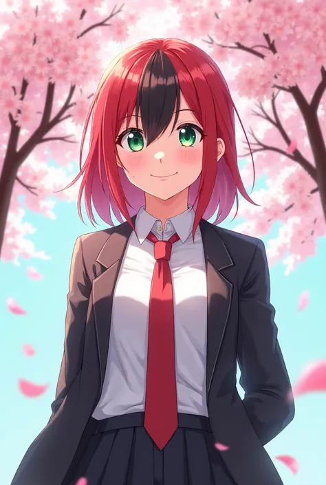 Anime, a young redhead with black hair in front, wears a white student shirt, ties a red tie, a black outer jacket, green eyes, stands smiling under a cherry tree.