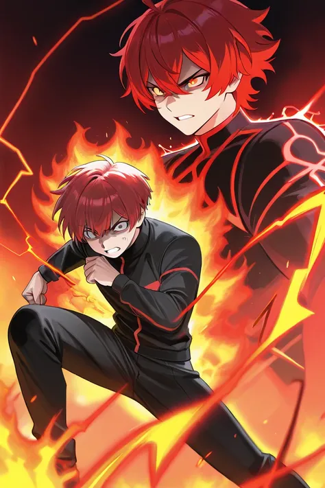 A fierce anime boy with striking red hair, wearing a red and black outfit. He stands in an intense pose, his expression filled with rage. Crimson lightning crackles around him, accompanied by small sparks of fire, enhancing his powerful aura.