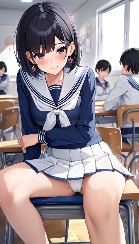 ( beautiful girl : 1.3), in the seat,( sailor suit, Long Sleeve, skirt by humili, earrings, pure white underwear,pubic hair), black hair, bob cut,smile, is bashful,blush,classroom,masterpiece, top quality, ultra high resolution, rich contrasts, high image ...