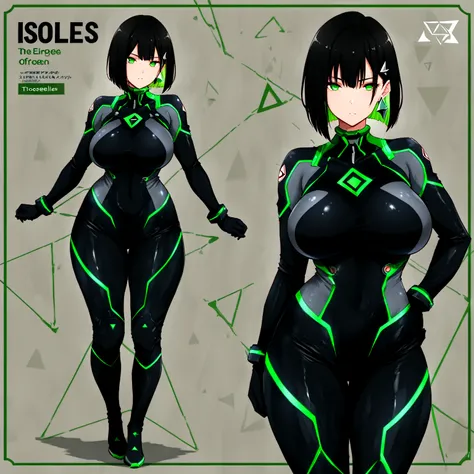 masterpiece, (((( best quality )))),,character profilele,,1 girl, Japanese anime,shiny skin, wearing a black pilot suit, dark hair, short bob hair,The inner color of the hair is green, green eyes,isosceles triangle earrings,Very thick legs,large breasts