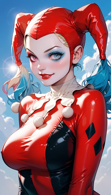 1girl, harley quinn red and black classic outfit,Large breasts,clothed,Lens Flare, Large breasts