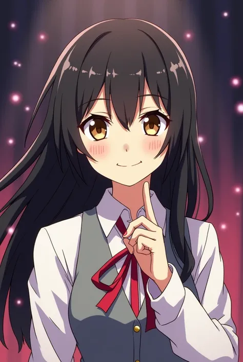 Make Ai Hoshino from Oshi No Ko with black hair and brown eyes with the star still on the eyes. Make it with an anime background like she's on the stage. Make one with smiling, one not smiling, winking, and other poses