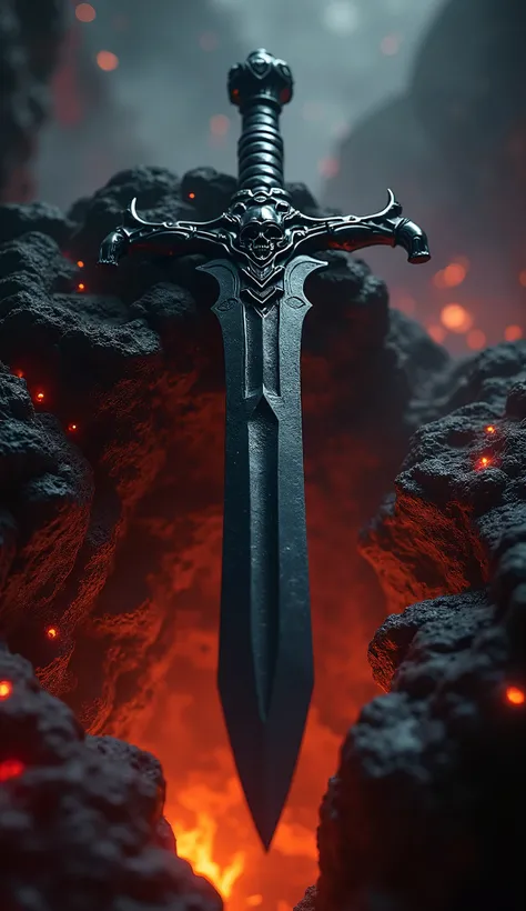 Create a high-resolution, highly detailed image of a black onyx sword, embodying an evil and sinister presence. The sword should have a sleek, dark blade that appears almost obsidian, reflecting a faint, eerie light. Its design should be menacing, with sha...