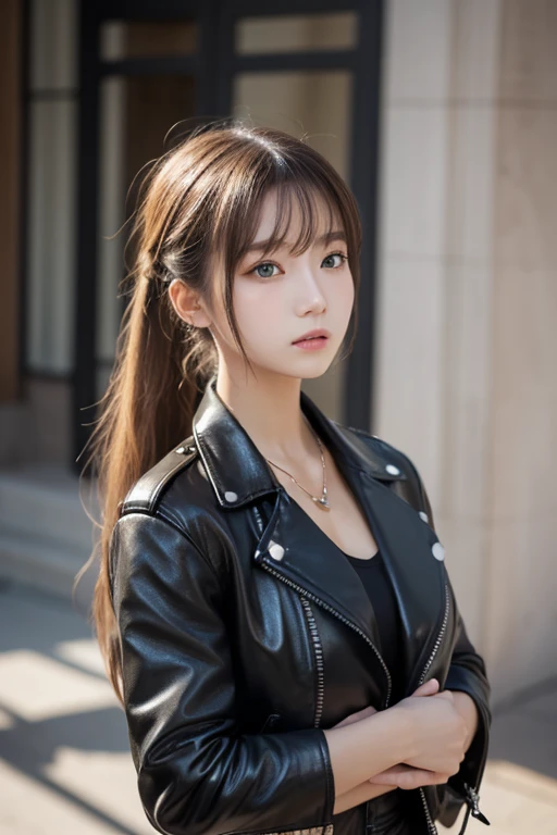 One Girl , Alone, face, portrait , long hair, ponytail, blondes, green eyes, big breasted , ( black leather jacket :1.2) , clevis on a stone, School, Empty , Stares at Viewers ,