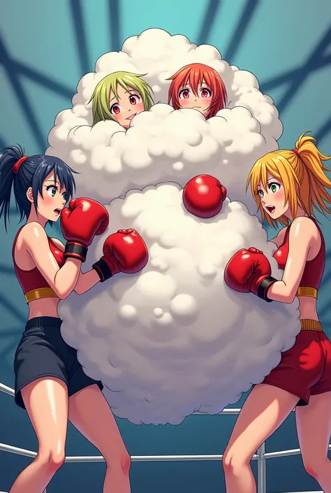 An anime-style illustration depicting many boxer-girls playfully wrestling with each other inside a ring comical fight cloud.
each boxer-girl has different colored hair.
their faces,hands,and feet are visible emerging from the cloud as they tussle humorous...