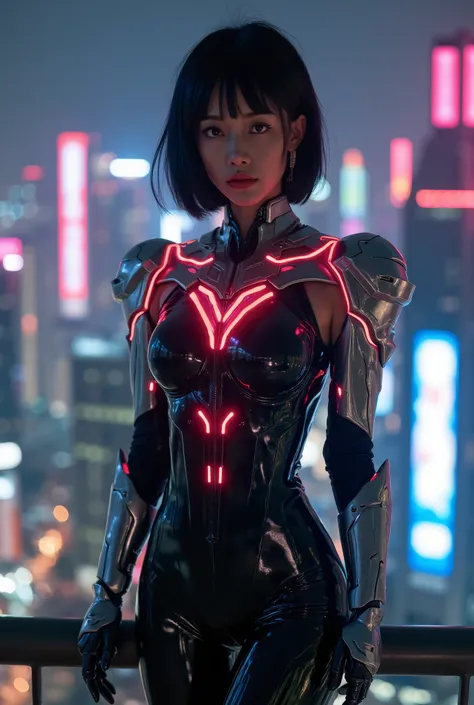 A futuristic superheroine stands atop a high-rise, overlooking a neon-lit cityscape at night. She has striking features, with a flawless complexion, piercing eyes, and short, sleek dark hair framing her face. Her form-fitting, high-tech bodysuit is crafted...