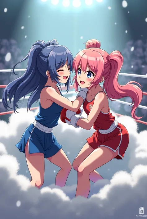 An anime-style illustration depicting many boxer-girls playfully wrestling with each other inside a arena comical fight cloud.
each boxer-girl has different colored hair.
their faces,hands,and feet are visible emerging from the cloud as they tussle humorou...