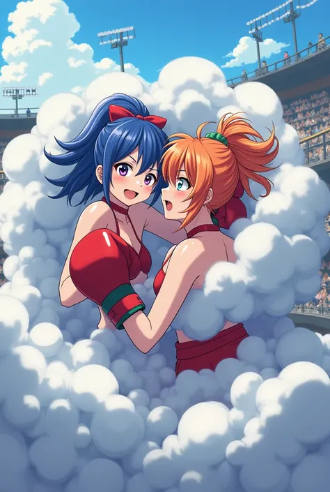 An anime-style illustration depicting many boxer-girls playfully wrestling with each other inside a arena comical fight cloud.
each boxer-girl has different colored hair.
their faces,hands,and feet are visible emerging from the cloud as they tussle humorou...