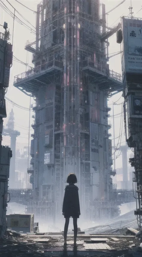 Dystopian Light of Hope ,   a girl from the future who has wandered into the Islamic world, Behind the center of the screen 、 back view of a  , intricate cityscape ,  Ruined World, Pulling Configuration, Industrial,