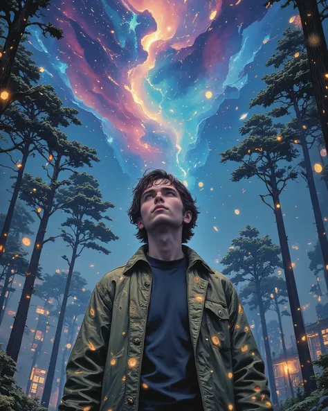 A serene nighttime scene in a dense forest, illuminated by a breathtaking starry sky filled with countless sparkling stars, vibrant nebula clouds, and shooting meteors. In the foreground, a young man with slightly messy dark brown hair and a defined jawlin...