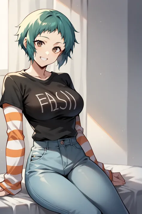 1 girl, solo, black short sleeve t-shirt, layered sleeves, white long sleeves, jeans, Fuuka Yamagishi, teal hair, brown eyes, black t-shirt over white long sleeves, large breasts, confident smile, striped sleeves, black short sleeve over long sleeve,