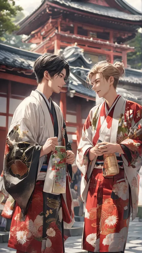 (photorealism:1.2), 2 very Handsome japanese men, 22-27 year-old, japan, japanese temples, celebrating national day,  japaneae traditional outfit, happy