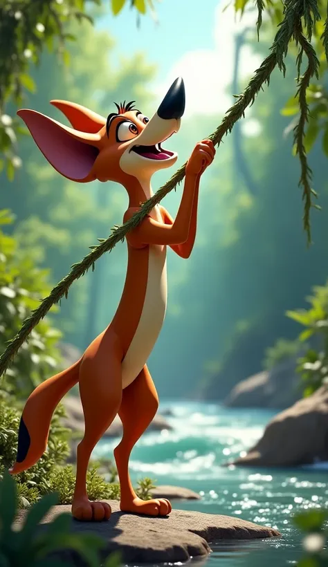 English Image Prompt:
"3D Pixar-style illustration, the jackal standing on the riverbank, gripping a long, sturdy vine with its sharp teeth. Its eyes are focused with determination as it swings the vine towards the struggling dog. The jungle behind the jac...