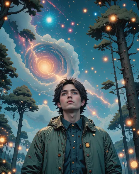 A serene nighttime scene in a dense forest, illuminated by a breathtaking starry sky filled with countless sparkling stars, vibrant nebula clouds, and shooting meteors. In the foreground, a young man with slightly messy dark brown hair and a defined jawlin...