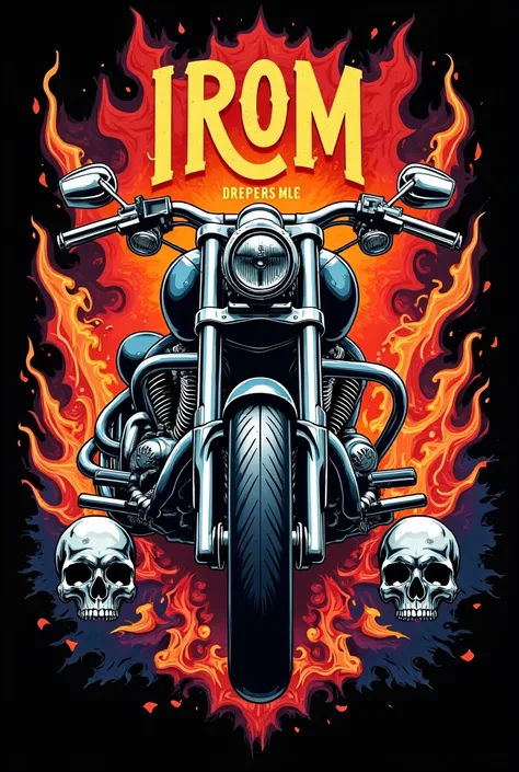 A vibrant and highly detailed design for a black t-shirt, featuring bold, vivid colors in 4K resolution. The theme is a biker club, showcasing a powerful chopper-style motorcycle with a chrome V-twin engine, surrounded by skulls, flames, and metallic eleme...